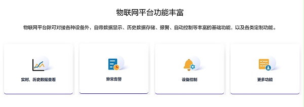 物联网平台功能丰富，除可对接各种设备外，自带数据显示、历史数据存储、报警、自动控制等丰富的基础功能，以及各类定制功能。