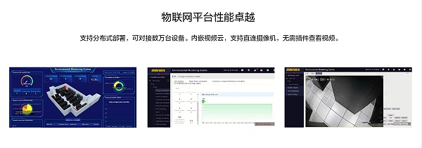 物联网平台性能卓越，支持分布式部署，可对接数万台设备。内嵌视频云，支持直连摄像机，无需插件查看视频。