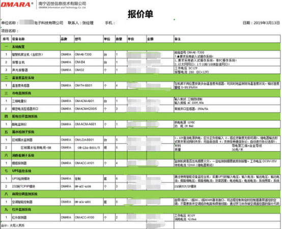 弱电机房监控设备配置清单